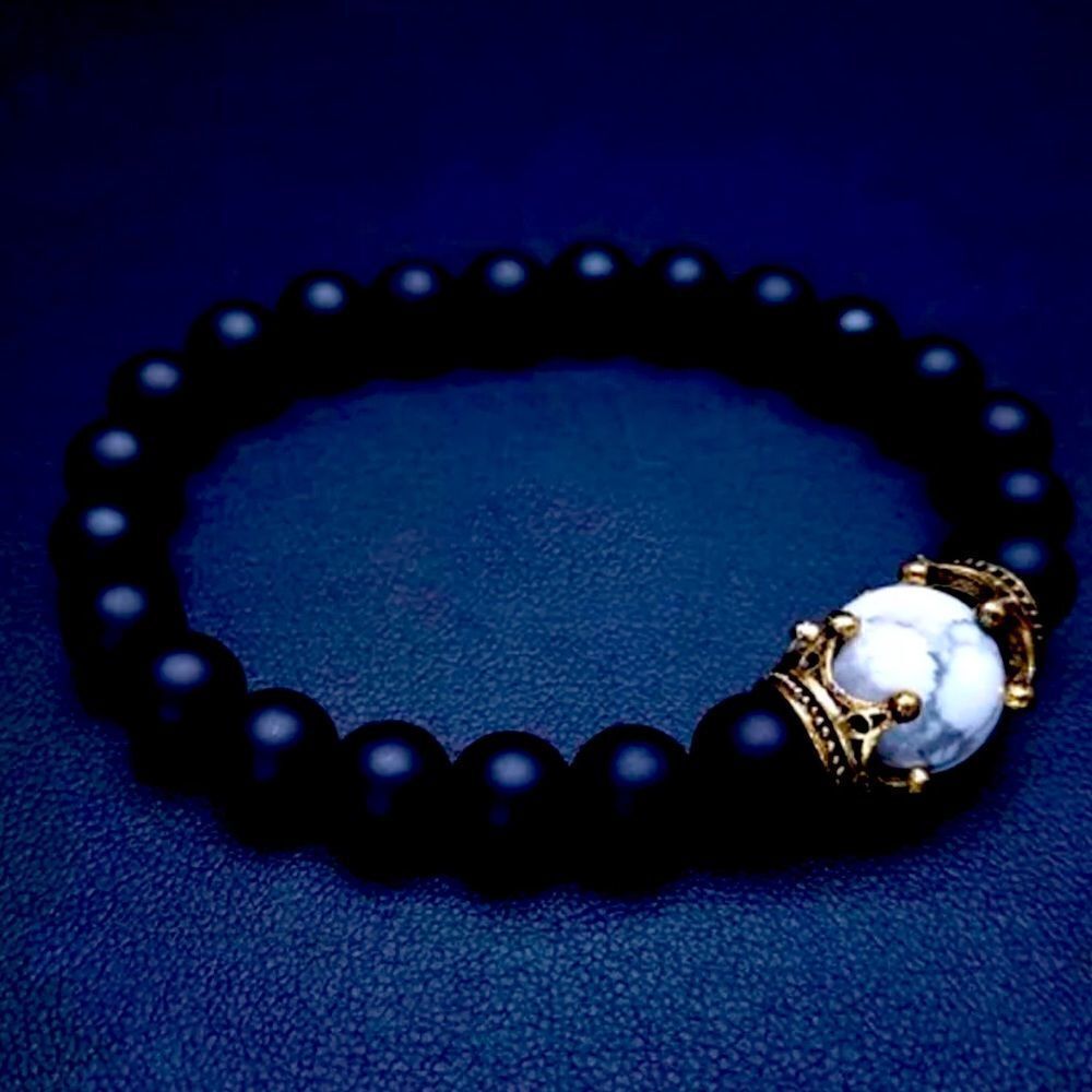 💚White  Handmade Natural Stone Beads Bracelet Antique Crown Tiger Eye